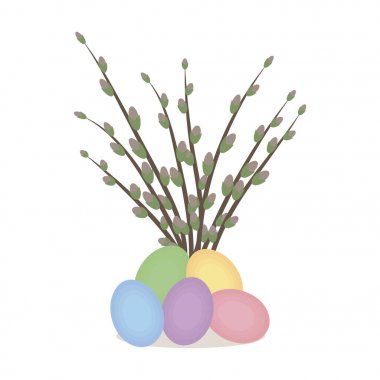 Bahar Easter kompozisyon birkaç willows ve beyaz arka plan vektör çizim izole renkli tavuk yumurtası yapılmış