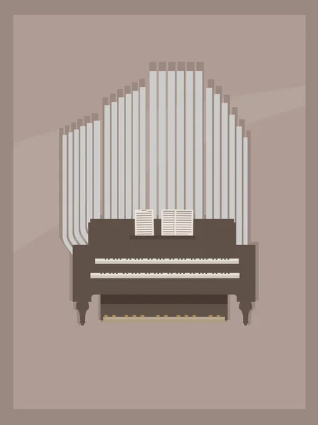Светло-коричневая открытка с небольшим помещением орган деревянный коричневый и серый с двумя клавиатурами для рук и страниц с примечаниями — стоковый вектор