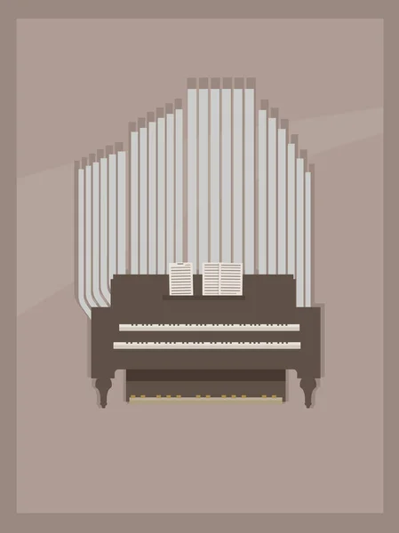 Carte postale marron clair avec petit orgue en bois brun et gris avec deux claviers pour les mains et des pages avec des notes — Image vectorielle