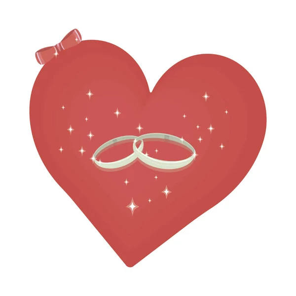 Corazón de amor rojo escarlata con pequeño arco rojo, anillos grises de boda y destellos de purpurina destellos aislados sobre fondo blanco — Vector de stock