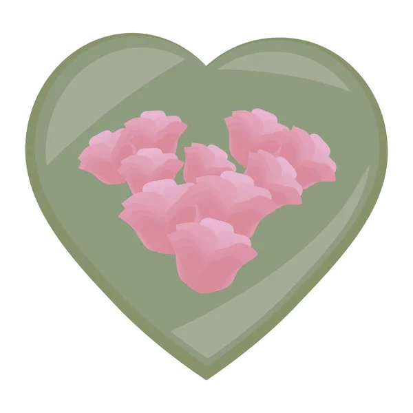 Πράσινο γυαλιστερό καρδιά με τριαντάφυλλα μπουκέτο λουλούδια σύνθεση φέρετρο απομονώνονται σε λευκό φόντο — Διανυσματικό Αρχείο