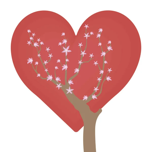 Καφετιά φως branchy δέντρο με λίγο ροζ άνθη σε ένα λαμπερό κόκκινο φόντο αγάπη καρδιές απομονωθεί σε λευκό φόντο — Διανυσματικό Αρχείο