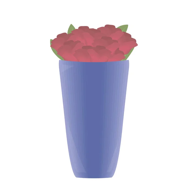 Ramo de rosas rojas escarlata con hojas verdes en un jarrón alto azul mate aislado sobre fondo blanco — Archivo Imágenes Vectoriales