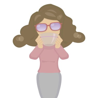 esmer kız terleyen kırmızı gözlük, pembe kazak ve beyaz arka plan üzerinde izole şeridi ile seramik kupa kahve içme gri etek giyiyor 