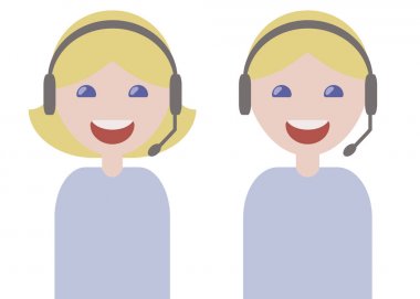 kulaklık mikrofon gülümseyen sarışın mavi ışık t-shirt müşteri hizmetleri konularında beyaz arka plan üzerinde izole içinde kız ve adam operatörleri telefon