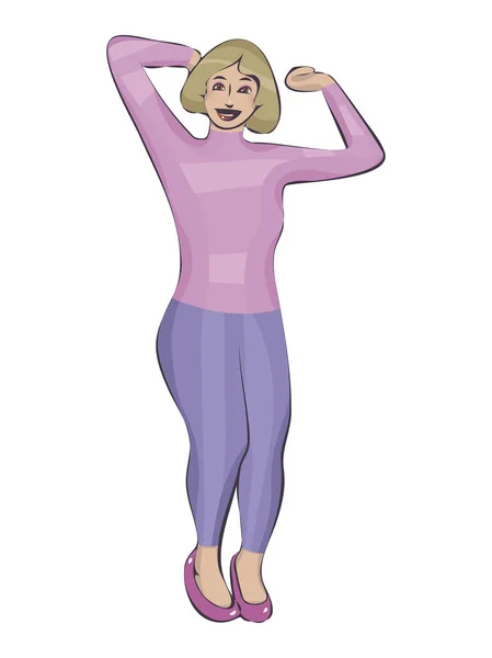 Knubbig, tjock, Söt tjej med blont hår i en rosa polotröja i blå tight jeans i Rosa blanka skor leenden och danser isolerat på den vita bakgrunden — Stock vektor