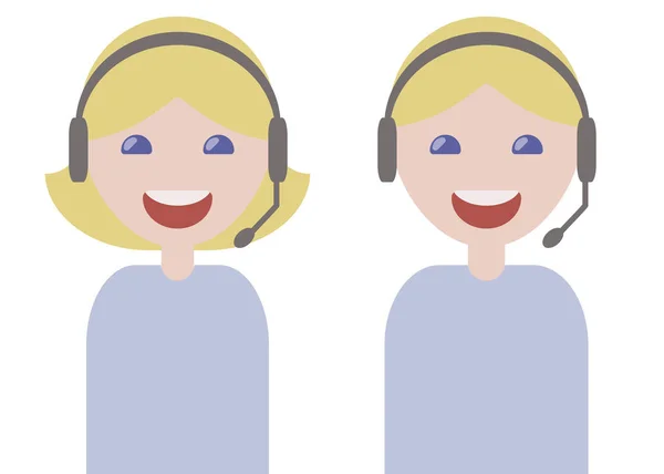 Chica y chico operadores teléfono auriculares micrófono sonriente rubias en azul luz camisetas servicio al cliente problemas aislados sobre fondo blanco — Vector de stock