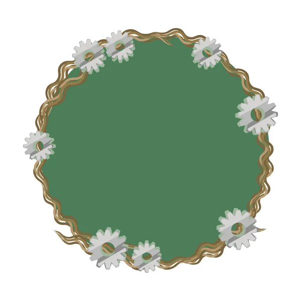 白い背景ベクトル描画に分離された金属技術スチーム パンク大小歯車と緑の細かいねじれた枝の樹皮の花輪の境界線 — ストックベクタ