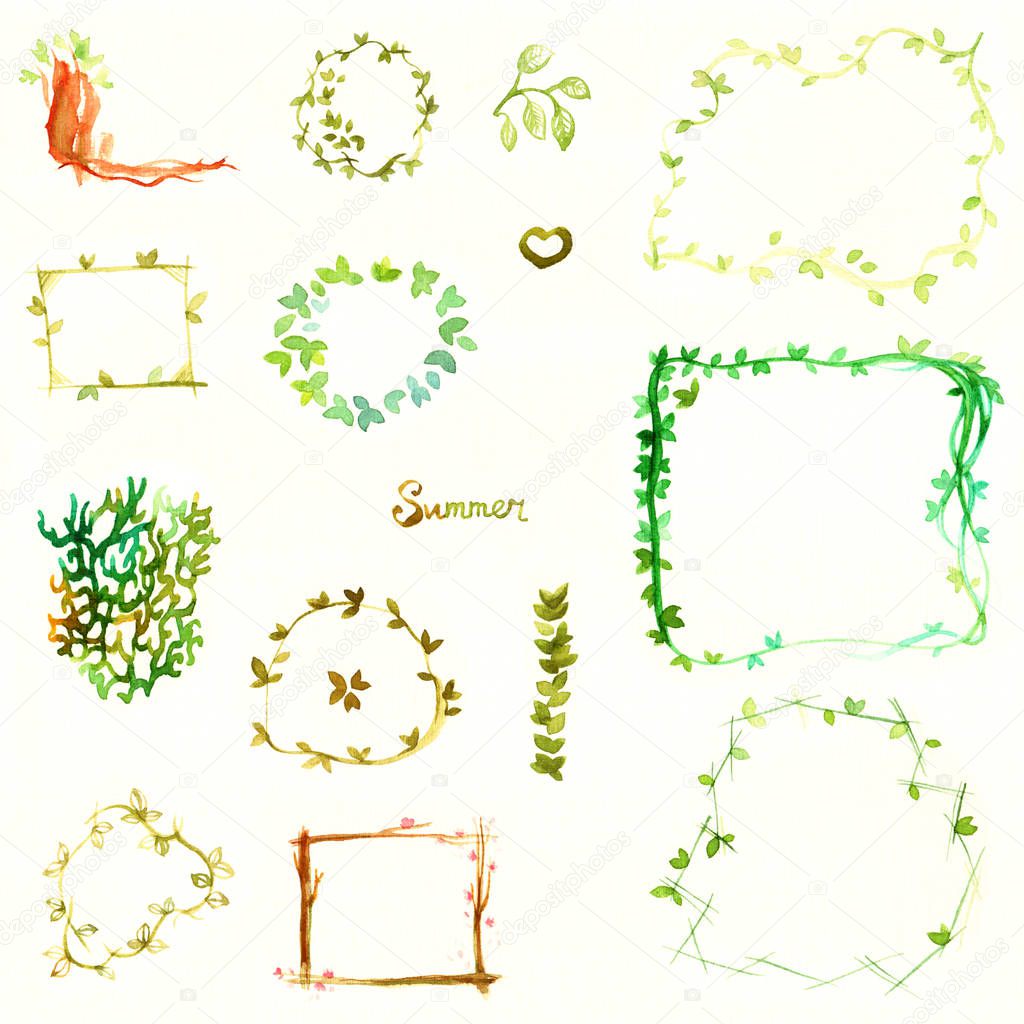 watercolor frames curbs colorful vibrant sweet summer green branch leaves flowers by hand brush isolated on a light texture paper background