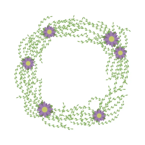 Våren vacker blommig krans med lila blommor med gula center och små ljusgröna blad på den klasar vektor — Stock vektor