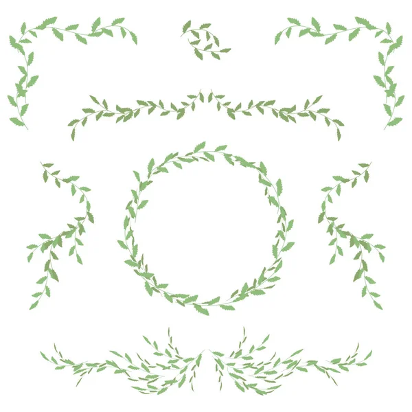 Patterns and a wreath of green leaves mirror corners twig composition variations of a set vector — Stock Vector