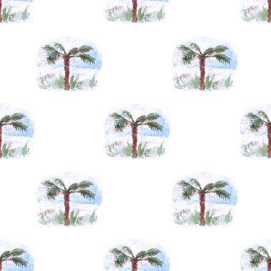 tropikal palmiye yeşil retro yaz bitki doğa suluboya desen sorunsuz arka plan beyaz arka plan üzerinde izole yinelenen