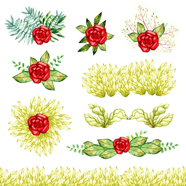 Jasne czerwone róże kwiaty piękne farby akwarelowe zielone liście oddziałów ozdoba rama zestaw na białym tle na białym tle obiektów — Zdjęcie stockowe