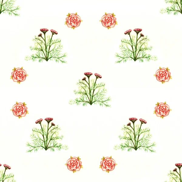 Flowers red roses encyclopedia greens floral watercolor seamless pattern isolated on white background — Stock Photo, Image