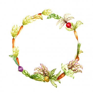 renkli parlak sonbaharda hasat vitaminler boyalı çelenk beyaz arka plan üzerinde izole pişmiş suluboya sebze soğan havuçlu şalgam Lahana yaprakları