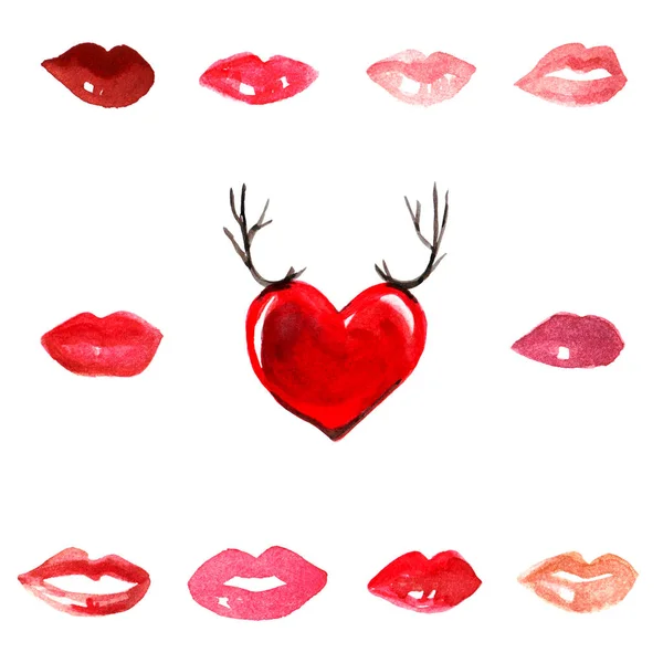 Φιλιά κόκκινο κραγιόν glitter χείλη κόκκινα scarlet ροζ carmine τερακότα αγάπη ειδύλλιο κορίτσι μόδας ακουαρέλα απομονωθεί σε λευκό φόντο — Φωτογραφία Αρχείου