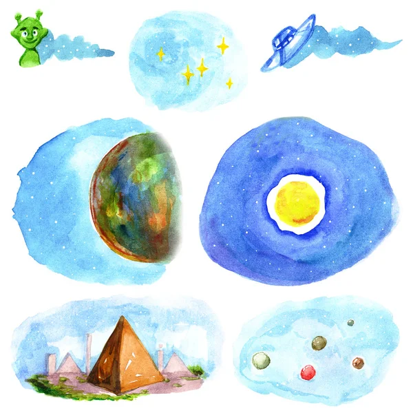 Ruimte miniaturen tekeningen van planeten vreemdelingen cartoon karakter sterren universum aquarel geïsoleerd op een witte achtergrond instellen — Stockfoto