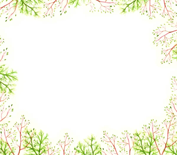 Zielone lato elementy natura ornament ozdoba kadrowania płytkie opuszcza drobne gałęzie elegancki malowane akwarela na białym tle na białym tle ramki — Zdjęcie stockowe