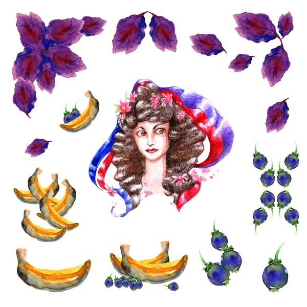 Photo d'une fille aquarelle avec un rouge violet ruban bleu coiffure boucles bananes violet feuilles végétation nature myrtille et myrtille isolé sur fond blanc objets — Photo