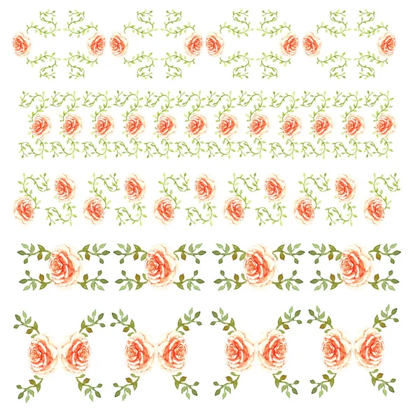 Decoración de una línea fronteriza de rosas delicadas melocotón con hojas verdes loach jardín hermoso patrón de luz aislado sobre fondo blanco — Foto de Stock