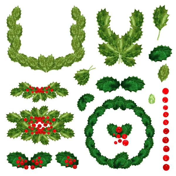 Holly yeşil yaprakları ve parlak kırmızı meyveler çelenk kompozisyon suluboya çizimi yılbaşı yeni yıl öğeleri kümesi üzerinde beyaz arka plan izole frenlemek — Stok fotoğraf