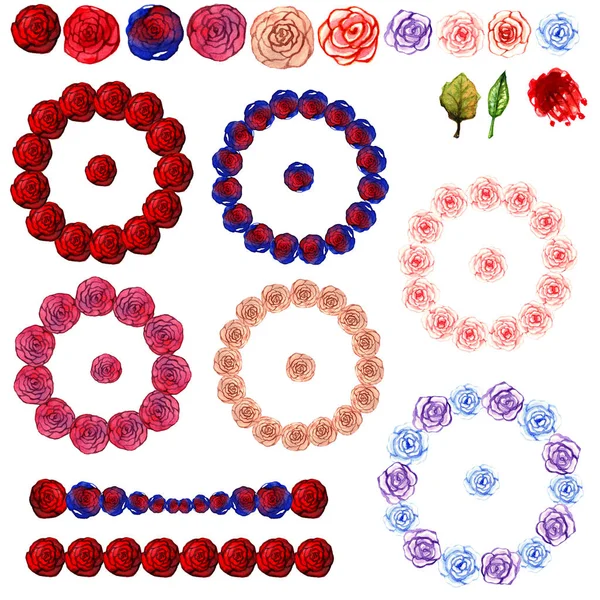 Aquarellkränze und Ornamente aus mehrfarbigen Rosenblüten rot blau zartrosa Schönheit isolierte Zeichnungen auf weißem Hintergrund — Stockfoto