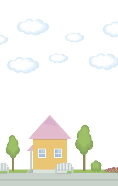 Pequeña casa rosa en el parque con árboles y nubes en el cielo sobre un fondo blanco vector ilustración . — Vector de stock
