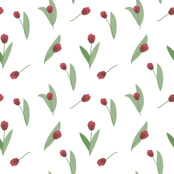 Patrón vectorial inconsútil de flores escarlata brillantes de tulipanes con hojas verdes aisladas fondo blanco . — Vector de stock