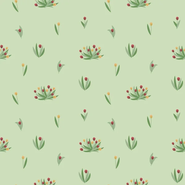 Seamless vector pattern with small compositions of bright red and yellow flowers, tulip objects isolated on a light green background. — Stock Vector