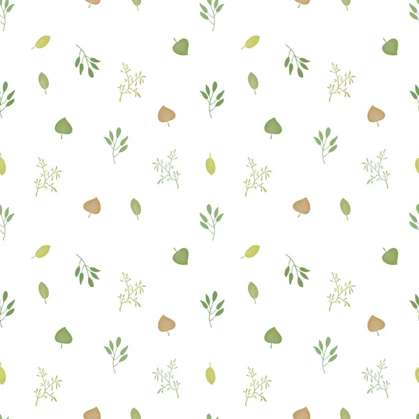 Бесшовный векторный рисунок с зелеными тенистыми лесными растениями и осенними листьями на белом фоне . — стоковый вектор