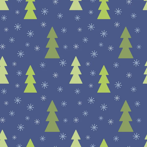 Koyu mavi zemin üzerinde mavi kar taneleri olan yeşil Noel ağaçlarıyla kusursuz kar örtüsü. — Stok Vektör