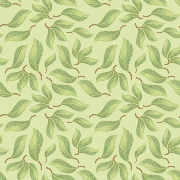 Seamless vector pattern with green forest leaves with veins on a light green shade background. — Stock Vector