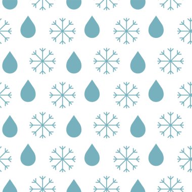 Mavi vektörlü pürüzsüz hava düzeni. Basit dış hatlar, kar taneleri ve mavi yağmur damlaları.