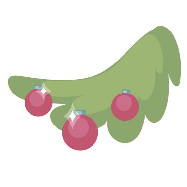 Beyaz arka planda izole edilmiş vektör kırmızı toplu bir Noel ağacının yeşil dalını çiziyor..