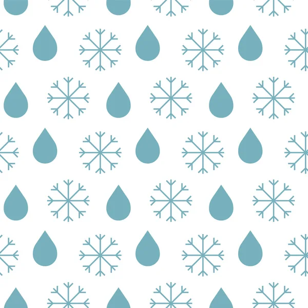 Modèle de temps sans couture avec vecteur bleu simple contour flocons de neige et gouttes de pluie bleues — Image vectorielle