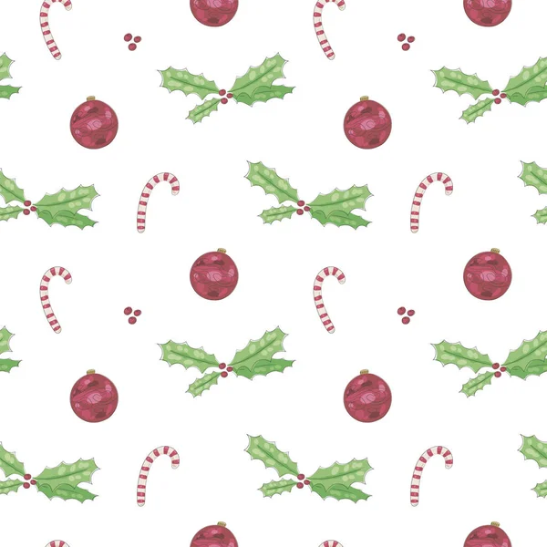 Seamless vector pattern with christmas holly, candies and balls decoration on a white background. — 스톡 벡터