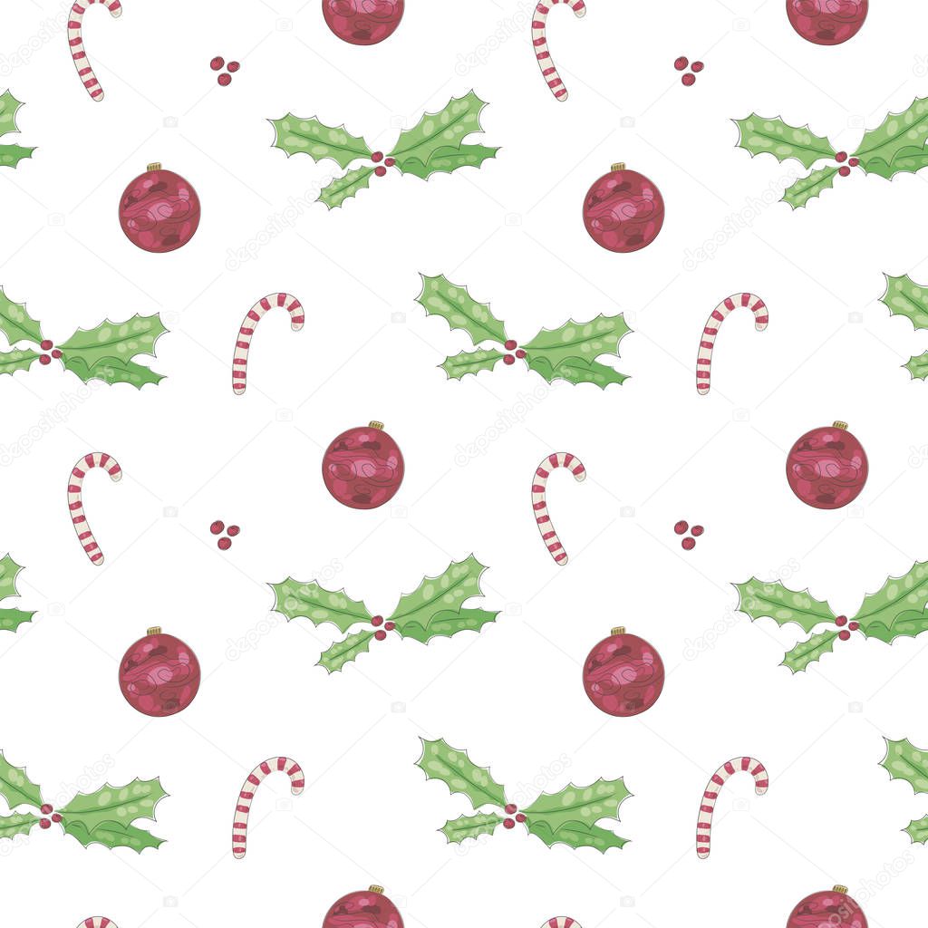 Seamless vector pattern with christmas holly, candies and balls decoration on a white background.