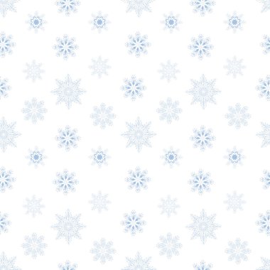 Beyaz zemin üzerinde mavi zarif kar taneleri olan kusursuz vektör deseni.