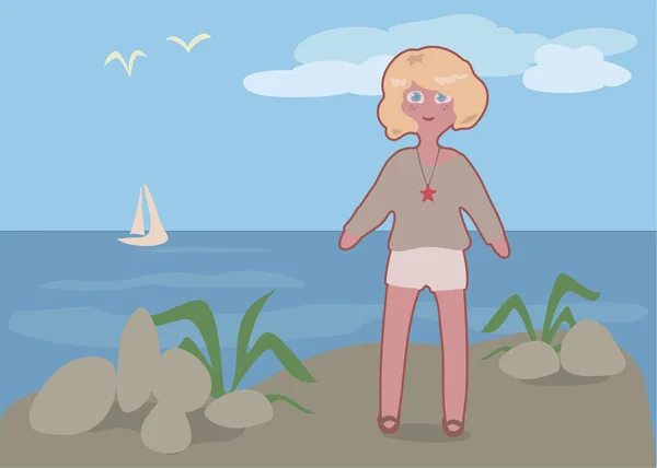 Pozitív szórakoztató vektor rajzfilm firka szőke lány állni a szürke szikla a tenger háttér. — Stock Vector