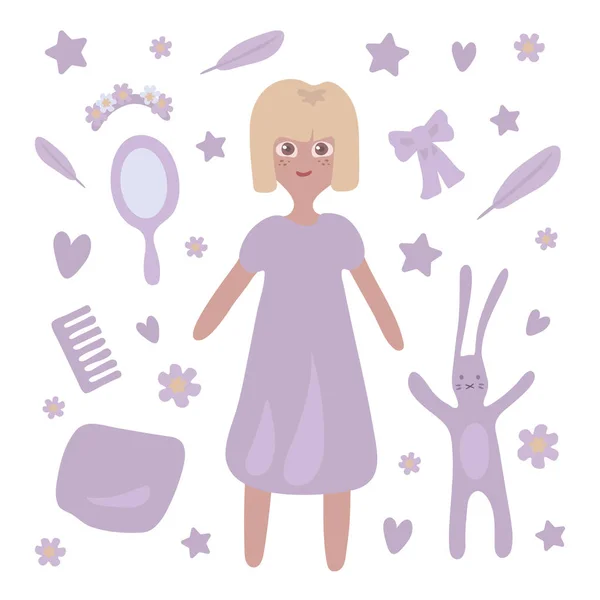 Sweet vector cute blond doodle girl with the liliac dress and things isolated on the white background. — 스톡 벡터