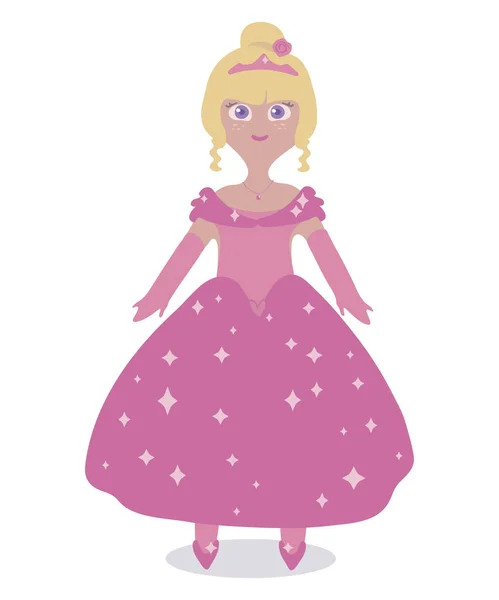 Pink vector beautiful cute princess doll in a magnificent ball gown and crown illustration isolated on white background. — 스톡 벡터