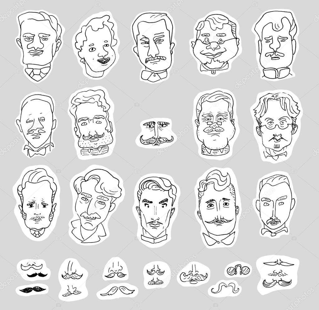 Set of cartoon linear caricature portraits of men and drawings of mustaches isolated on a white background.
