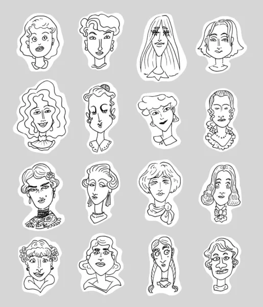 Conjunto Retratos Lineales Caricatura Simple Mujeres Con Varios Peinados Maquillaje —  Fotos de Stock