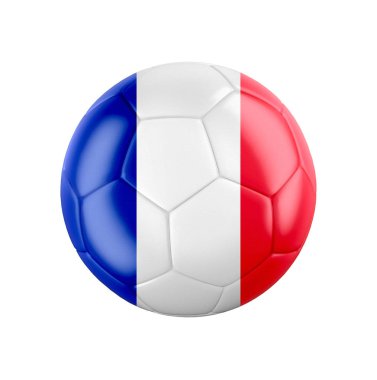 Fransa bayrağı beyaza sarılı futbol topu. Diğer ülkeler için tüm seti gör. 3d gerçekçi illüstrasyon.