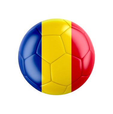 Romanya bayrağı beyaza sarılı futbol topu. Diğer ülkeler için tüm seti gör. 3d gerçekçi illüstrasyon.