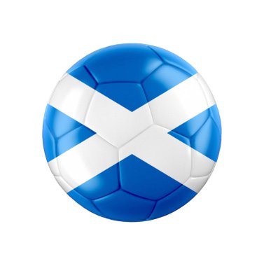 İskoçya bayrağı beyaza sarılı futbol topu. Diğer ülkeler için tüm seti gör. 3d gerçekçi illüstrasyon.