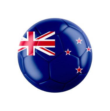 Beyazlar üzerinde izole edilmiş Zealand bayrağı olan futbol topu. Diğer ülkeler için tüm seti gör. 3d gerçekçi illüstrasyon.
