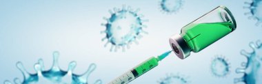 Coronavirus Covid-19 SARS-CoV-2 virüs aşısı ile aşı konsepti - panoramik pankart