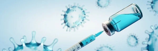 Vakcinázás Koncepciója Kép Coronavirus Covid Sars Cov Vírus Vakcinával Panoráma — Stock Fotó