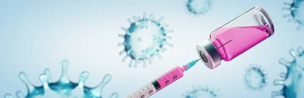 コロナウイルスCovid Sars Cov 2ワクチンでワクチンのコンセプトイメージ パノラマバナー — ストック写真